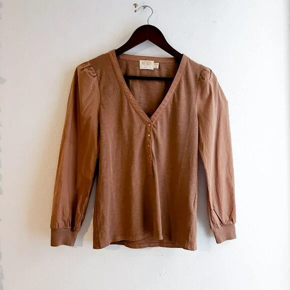Nation Los Angeles Camel/Tan V-Neck Cotton Henley Top SZ XS - Picture 4 of 7